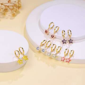 DAILY VIBES Cute Small Star Dangle Earrings for Women 14K Gold Plated Mini Cubic Zirconia Glaze Star Drop Hypoallergenic Gold Huggie Hoop Earrings for Women (Wine Red Stone)