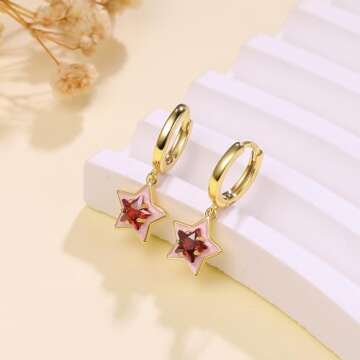 DAILY VIBES Cute Small Star Dangle Earrings for Women 14K Gold Plated Mini Cubic Zirconia Glaze Star Drop Hypoallergenic Gold Huggie Hoop Earrings for Women (Wine Red Stone)