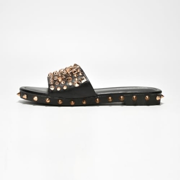 Cape Robbin Tonie Studded Sandals For Women - Flat Sandals For Women - Open Toe Summer Sandal - Women Flat Sandals - Womens Sandals Dressy Slip On Shoes - Black Size 8