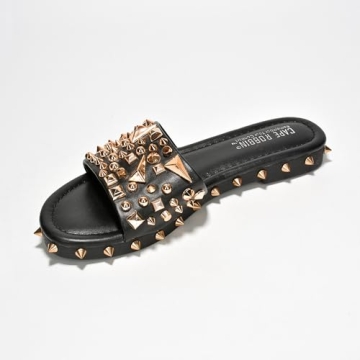Cape Robbin Tonie Studded Sandals For Women - Flat Sandals For Women - Open Toe Summer Sandal - Women Flat Sandals - Womens Sandals Dressy Slip On Shoes - Black Size 8
