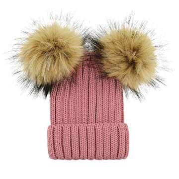 Durio Toddler Winter Hat Knit Warm Toddler Winter Hats for Girls Boys Pom Pom Toddler Girl Winter Hat K Pink & Ivory & Gray Double Pom One Size