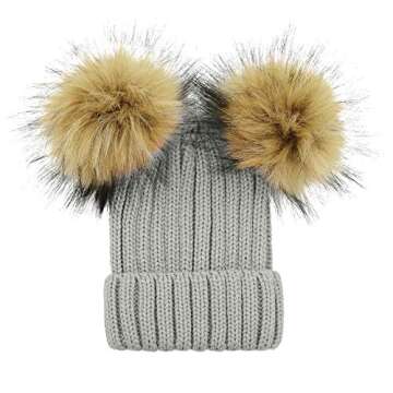 Durio Toddler Winter Hat Knit Warm Toddler Winter Hats for Girls Boys Pom Pom Toddler Girl Winter Hat K Pink & Ivory & Gray Double Pom One Size