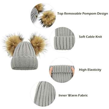 Durio Toddler Winter Hat Knit Warm Toddler Winter Hats for Girls Boys Pom Pom Toddler Girl Winter Hat K Pink & Ivory & Gray Double Pom One Size