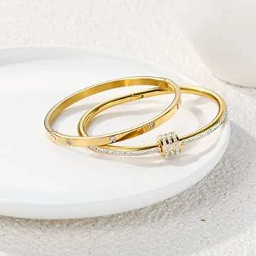 MAOCEN Women's Stainless Steel Bracelet Gold Plated Cuff Bangle With Cube Zircon Hinge Jewelry oval Bangle Witness the Gift of Love (4mm Glod 2pcs-A)