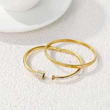 MAOCEN Women's Stainless Steel Bracelet Gold Plated Cuff Bangle With Cube Zircon Hinge Jewelry oval Bangle Witness the Gift of Love (4mm Glod 2pcs-A)