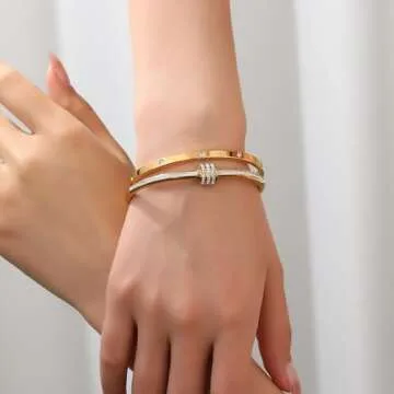 MAOCEN Women's Stainless Steel Bracelet Gold Plated Cuff Bangle With Cube Zircon Hinge Jewelry oval Bangle Witness the Gift of Love (4mm Glod 2pcs-A)