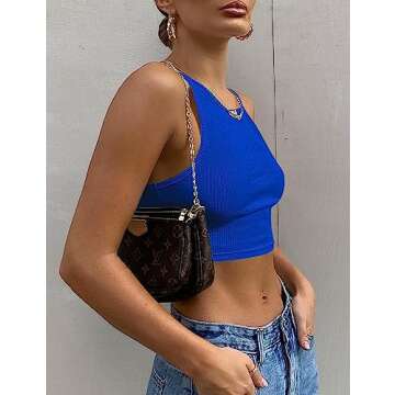 Mokoru Women's Sexy Sleeveless Crop Tank Top Basic Ribbed High Neck Racerback Cropped Top, X-Small, Royal Blue