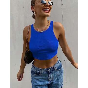 Mokoru Women's Sexy Sleeveless Crop Tank Top Basic Ribbed High Neck Racerback Cropped Top, X-Small, Royal Blue