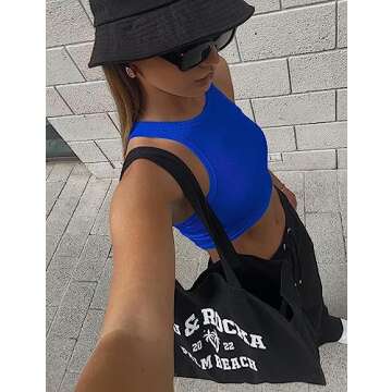Mokoru Women's Sexy Sleeveless Crop Tank Top Basic Ribbed High Neck Racerback Cropped Top, X-Small, Royal Blue