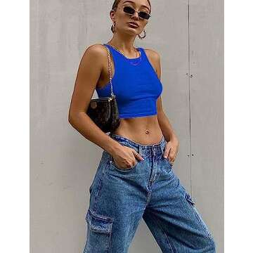 Mokoru Women's Sexy Sleeveless Crop Tank Top Basic Ribbed High Neck Racerback Cropped Top, X-Small, Royal Blue