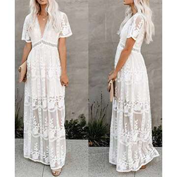 Ecosunny Women's Deep V Neck Short Sleeve Floral Lace Bridesmaid Maxi Dress Party Gown