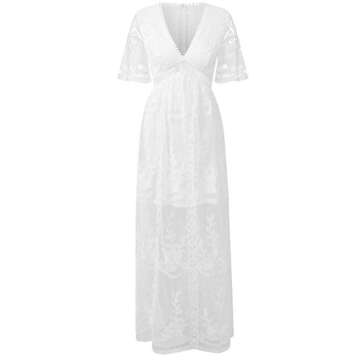 Ecosunny Women's Deep V Neck Short Sleeve Floral Lace Bridesmaid Maxi Dress Party Gown