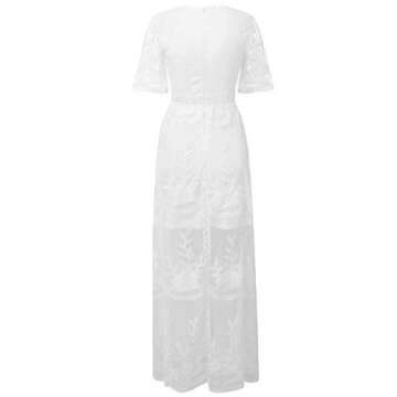 Ecosunny Women's Deep V Neck Short Sleeve Floral Lace Bridesmaid Maxi Dress Party Gown