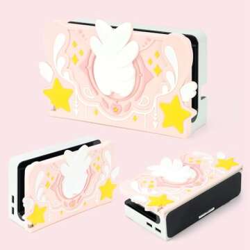 GeekShare Soft Silicone Faceplate Cover for Switch/OLED Charging Dock, Anti-Scratch Dock Cover- Star Wings Series (Pink)