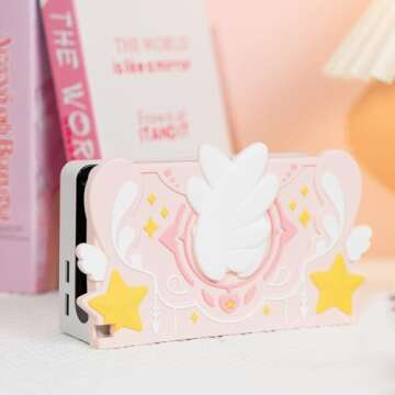 GeekShare Soft Silicone Faceplate Cover for Switch/OLED Charging Dock, Anti-Scratch Dock Cover- Star Wings Series (Pink)