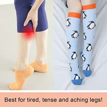 Junely Compression Socks for Women 20-30 mmhg Penguin Knee High Stockings for Running Support Nurses Pregnancy Flying Sports Penguin Gifts Blue