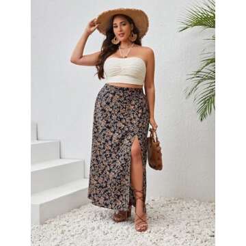 Floerns Plus Size Boho Floral Midi Skirt for Women