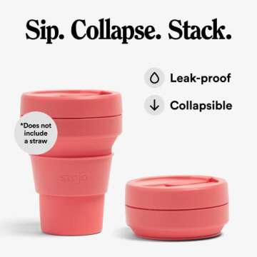 Stojo Collapsible Travel Cup - Coral Pink, 12oz / 355ml - Leak-Proof Reusable To-Go Pocket Size Sili...