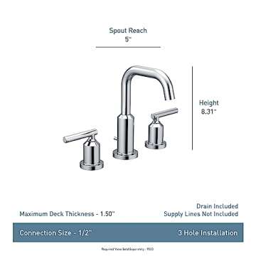 Moen Gibson Chrome Two-Handle 8-Inch Widespread High Arc Modern Bathroom Sink Faucet, Valve Required, T6142