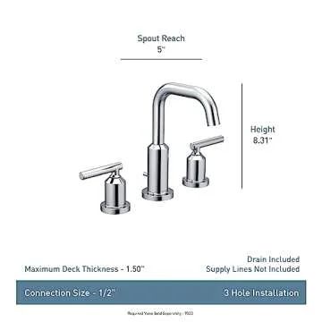 Moen Gibson Chrome Two-Handle 8-Inch Widespread High Arc Modern Bathroom Sink Faucet, Valve Required, T6142