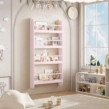 FOTOSOK Kids Bookshelf, Wall Mount 4-Tier Book Shelf Organizer for Toys and Books, Toy Storage Bookshelf in Bedroom, Living Room and Nursery, Pink