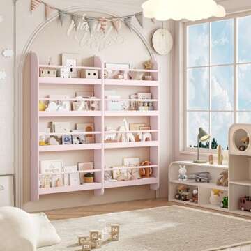 FOTOSOK Kids Bookshelf, Wall Mount 4-Tier Book Shelf Organizer for Toys and Books, Toy Storage Bookshelf in Bedroom, Living Room and Nursery, Pink