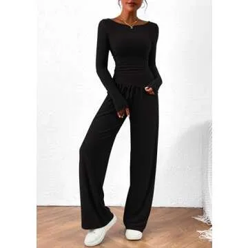PRETTYGARDEN Women's 2 Piece Lounge Sets Asymmetrical Long Sleeve T Shirt Wide Leg Pants Casual Outfits Tracksuit (Black,Large)