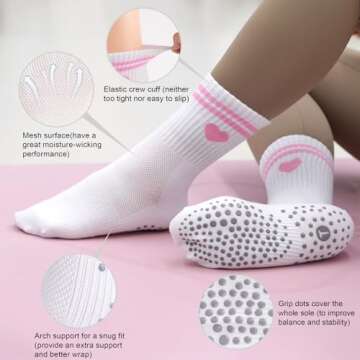 Toes Home Pilates Socks for Women with Non Slip Grippers, Yoga Crew Socks for Barre Hospital Sticky ...