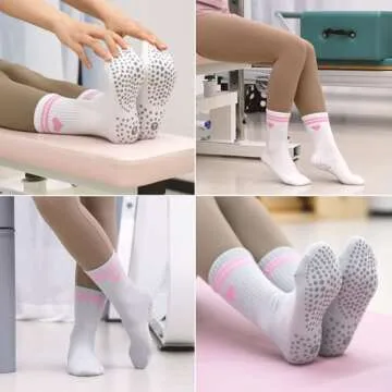Toes Home Pilates Socks for Women with Non Slip Grippers, Yoga Crew Socks for Barre Hospital Sticky Slipper Socks 4 Pairs Pink Heart
