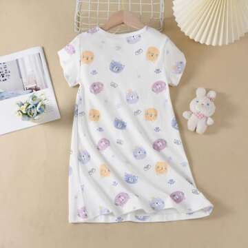 Ukyzddio Girls Cotton Night Dress Kids Short Sleeve Knee Length Sleep Shirt Princess Nightgowns Soft...