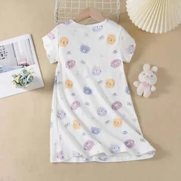 Ukyzddio Girls Cotton Night Dress Kids Short Sleeve Knee Length Sleep Shirt Princess Nightgowns Soft...