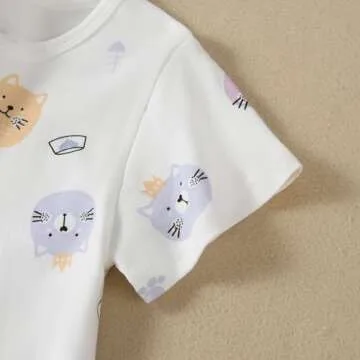Ukyzddio Girls Cotton Night Dress Kids Short Sleeve Knee Length Sleep Shirt Princess Nightgowns Soft Cozy Bed Dress Pajamas Pussy Cat Size 9-10Years(150)