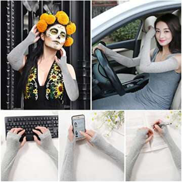 Bellady Women Outdoor Sun Block Soft Long Arm Sleeves Fingerless Gloves,Gray