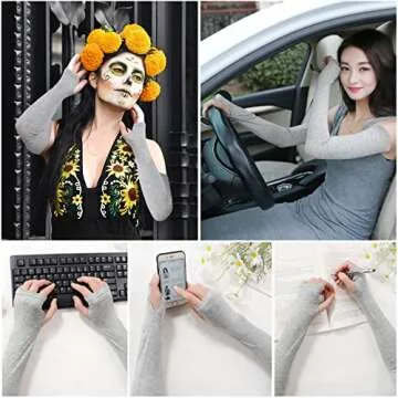 Bellady Women Outdoor Sun Block Soft Long Arm Sleeves Fingerless Gloves,Gray