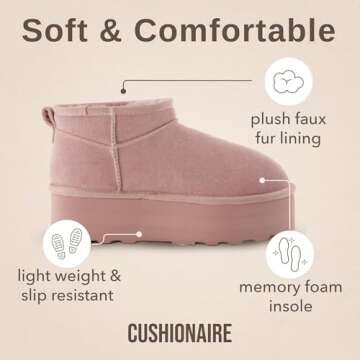 CUSHIONAIRE Hippy Women’s Platform Ankle Boots – Genuine Suede, Faux Fur Lining, Cozy Winter Slip-On Design Mini boots, PINK 8