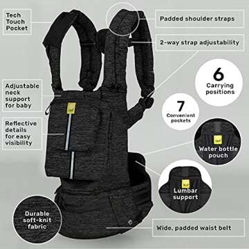 LÍLLÉbaby Pursuit Pro Ergonomic 6-in-1 Baby Carrier Newborn to Toddler - with Lumbar Support - for Children 7-45 Pounds - 360 Degree Baby Wearing - Inward and Outward Facing - Heathered Onyx