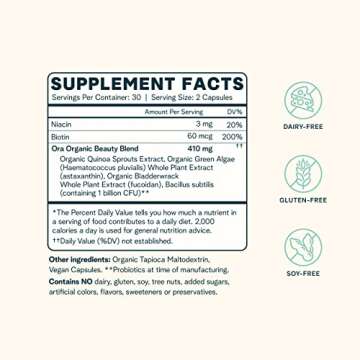 Ora Organic Hair, Skin, and Nails Support- BeYouTiful - Beauty Supplement with B Vitamins and Algae Extracts for Healthy Hair and Skin - 60 Vegan Capsules