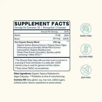 Ora Organic Hair, Skin, and Nails Support- BeYouTiful - Beauty Supplement with B Vitamins and Algae Extracts for Healthy Hair and Skin - 60 Vegan Capsules