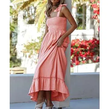 R.Vivimos Women's Summer Straps Cotton Irregular Polka Dot Ruffles Midi Dress (Medium, Pink)