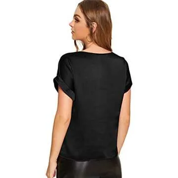 Floerns Women's Elegant Black Satin Silk Blouse with Cap Sleeves