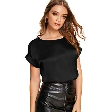 Floerns Women's Short Sleeve Satin Silk Blouse - Black Size S