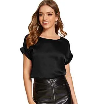 Floerns Women's Short Sleeve Satin Silk Blouse - Black Size S