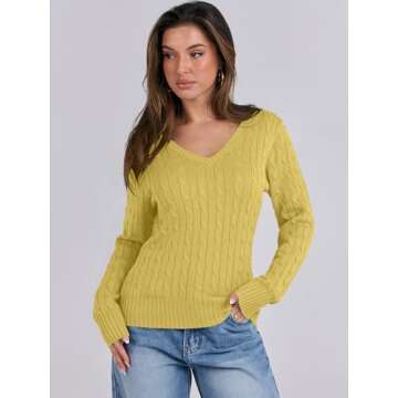 ANRABESS Women's Long Sleeve V Neck Cable Knit Sweater Jumper 2025 Spring Pullover Top Cute Soft Lad...