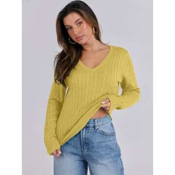 ANRABESS Women's V Neck Cable Knit Sweater Jumper
