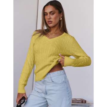 ANRABESS Women's V Neck Cable Knit Sweater Jumper