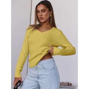 ANRABESS Women's V Neck Cable Knit Sweater Jumper