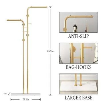 TIEOU Double-pole Metal Coat Rack, Gold Coat Rack Freestanding with 5 Hooks and Marble Base, Gold Cl...