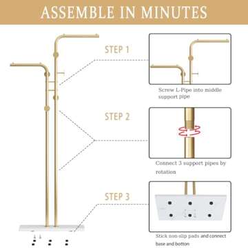 TIEOU Double-pole Metal Coat Rack, Gold Coat Rack Freestanding with 5 Hooks and Marble Base, Gold Clothing Rack, Modern Coat Hanger Stand for Entryway, Living Room, Bedroom