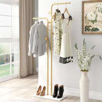 TIEOU Double-pole Metal Coat Rack, Gold Coat Rack Freestanding with 5 Hooks and Marble Base, Gold Clothing Rack, Modern Coat Hanger Stand for Entryway, Living Room, Bedroom