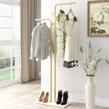 TIEOU Double-pole Metal Coat Rack, Gold Coat Rack Freestanding with 5 Hooks and Marble Base, Gold Clothing Rack, Modern Coat Hanger Stand for Entryway, Living Room, Bedroom